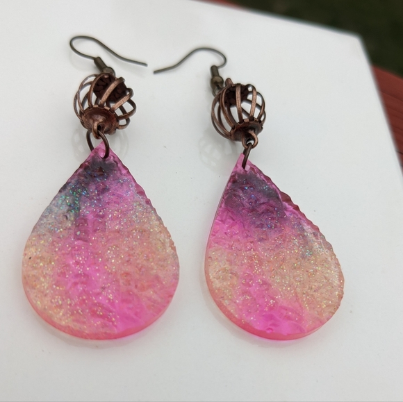 Sparkly Druzy Earrings Handmade Resin Glitter Cute Dangly Brass Unique Festival - Picture 7 of 10